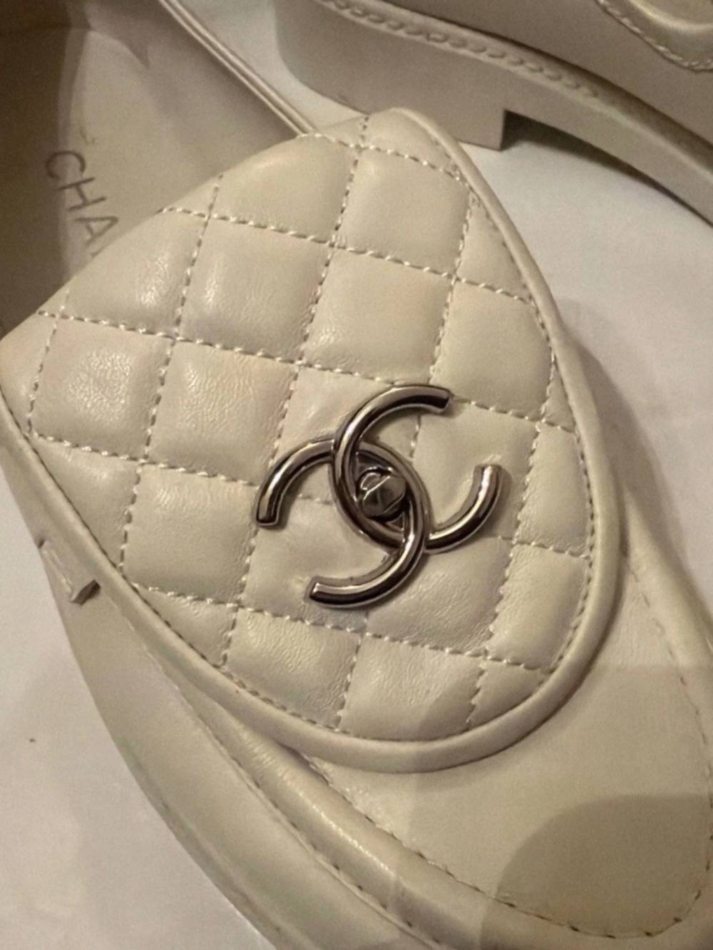 Chanel White Matte Quilted Turnlock Silver Logo Loafers 39